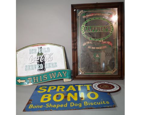 'SPRATTS BONIO' a 20th century enamel advertising sign, 76cm wide x 51cm high, a modern mirrored 'CAFFREYS' sign, 60cm wide x