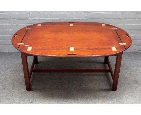 A George III style drop flap mahogany butler's tray on stand, 101cm wide x 64cm high. 