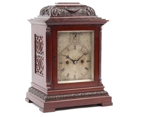 A Victorian mahogany cased mantel clock with silvered dial, subsidiary strike/silent, enclosing a two train movement with ham