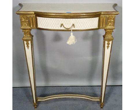 A Regency style white painted and parcel gilt decorated single drawer console table, 77cm wide x 86cm high. 