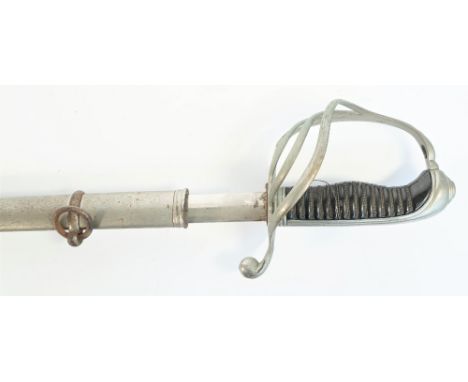 A French officer's sword with straight polished steel blade, 85cm, engraved and dated 1893, with wire bound wooden grip and s