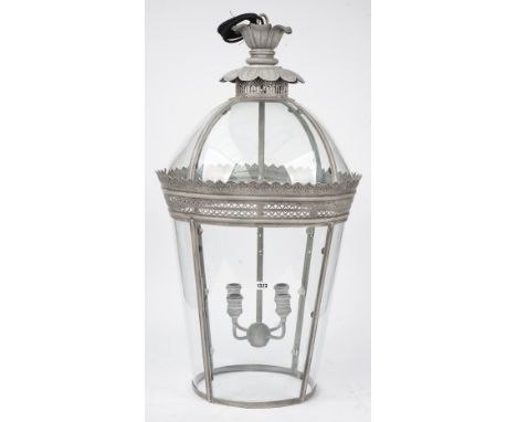 A Georgian style silver/grey lantern, modern, of domed form with pierced foliate circlet and internal four light fitment, 97c