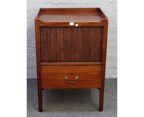 A George III mahogany tray top night stand, with tambour panel over pull-out on block supports, 56cm wide x 82cm high. 