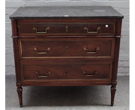 A 19th century French commode, the marble top over a brass mounted mahogany three drawer base on turned supports, 93cm wide x