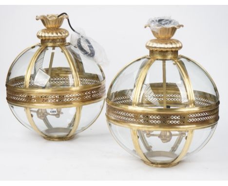 A pair of Georgian style brass lanterns, modern, of globular form with pierced circlet and internal four light fitment, 50cm 