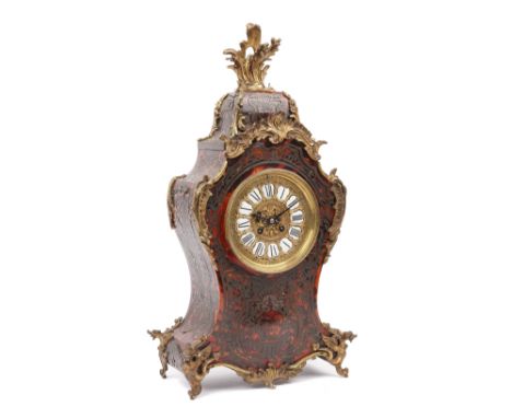 A French boulle work mantel clock, late 19th century, with brass dial and enamel Roman numerals, two train movement with coun