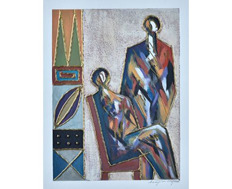 Lee Phillips (contemporary), People; People with Vase; four further untitled, six, mixed media, four signed, two inscribed, t