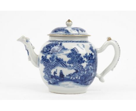 A Chinese blue and white bullet shape teapot, Qianlong, painted with three figures and a water buffalo in a landscape, 16cm h