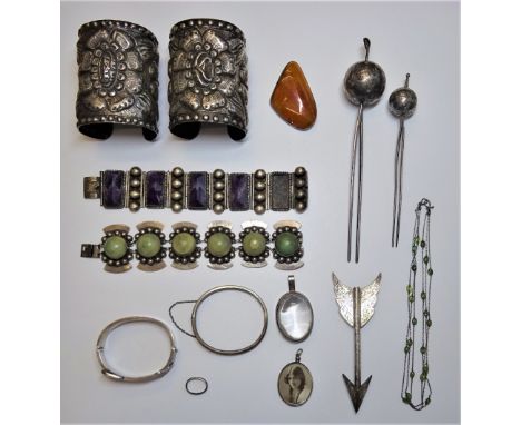 A group of silver and other jewellery, comprising; a Mexican pale green stone set bracelet, a Mexican amethyst quartz panel l