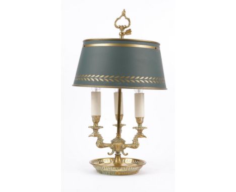 An Empire style bouillotte style brass table lamp, with green painted adjustable shade and three light fitments, 54cm high. 