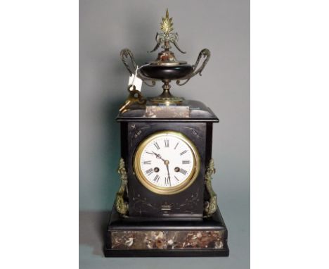 A 19th century gilt metal mounted black slate and marble mantel clock, with urn finial, 45cm high. 