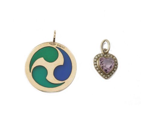 A gold, amethyst and seed pearl set pendant by Merle Bennett &amp; Co, in a heart shaped design, detailed 9 CT and a 9ct gold