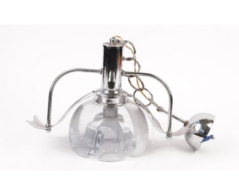 A 1960s style chrome and glass ceiling light, with shaped moulded opaque and clear glass shade, suspended on a linked chrome 