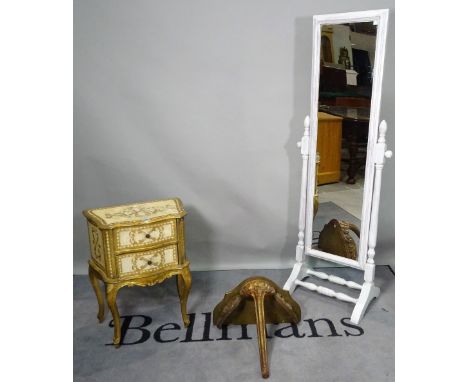 An early 20th century Italian white painted and parcel gilt decorated two drawer side table, 48cm wide x 61cm high, a modern 