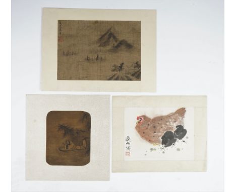 A Chinese fan painting, probably 19th century, ink on silk mounted on card, depicting a figure asleep in a sampan, painting 2