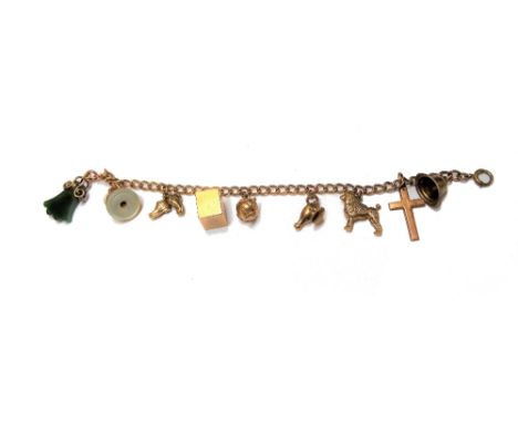 A gold curb link charm bracelet, on a boltring clasp, fitted with nine mostly 9ct gold charms, including; a poodle, a cross, 