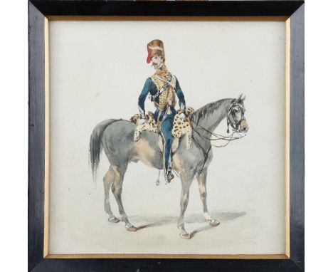 English School (19th century), 10th Light Dragoons: Officer wearing a tarleton on a scraggy horse,pen, ink and watercolour, 1