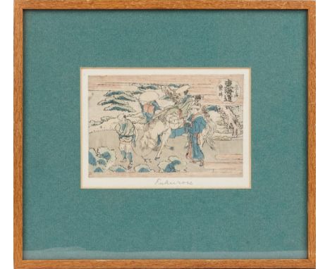 A small Japanese woodblock print after Hokusai, Journey through Tokaido, signed in pencil in the margin `Fukuroi', 11cm x 17c