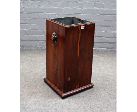 A 19th century yew square stick stand, on bun feet, 35cm wide x 62cm high. 