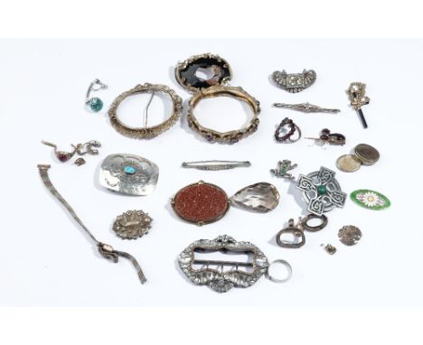 A colourless paste set shaped rectangular buckle, a gold and diamond bar brooch, collet set with the principle cushion shaped