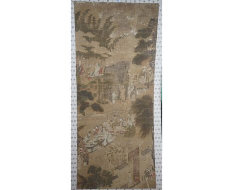 A large Chinese hanging scroll, possibly 18th century, ink and colour on silk, later mounted and laid on board, painted with 