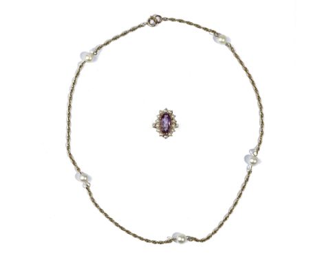 A gold, amethyst and cultured pearl set marquise shaped cluster ring, detailed 9 CT, ring size N and a gold multiple link nec