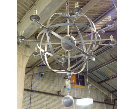 A 20th century steel armillary sphere eight branch chandelier, 97cm wide x 70cm high. 