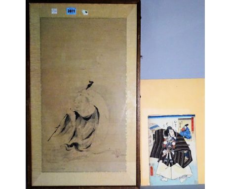 Japanese school, Edo period, study of Hotei, ink on paper, stamped red censer, 52cm by 28cm, framed and glazed; and a woodblo