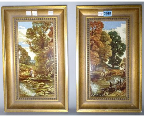 A pair of mid-20th century painted ceramic tiles, depicting river scenes within gold painted frames, 39cm x 24cm.