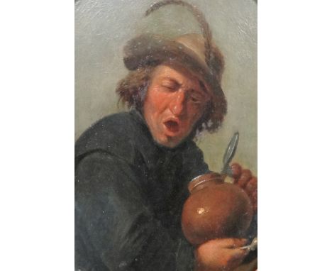 Manner of Joos van Craesbeeck, Study of a man with a lidded pitcher and pipe, oil on metal, oval, 18cm x 13.5cm.