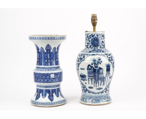 A Chinese Kangxi style blue and white vase, 19th century, of archaic form, converted to a table lamp on hardwood stand, 33.5c