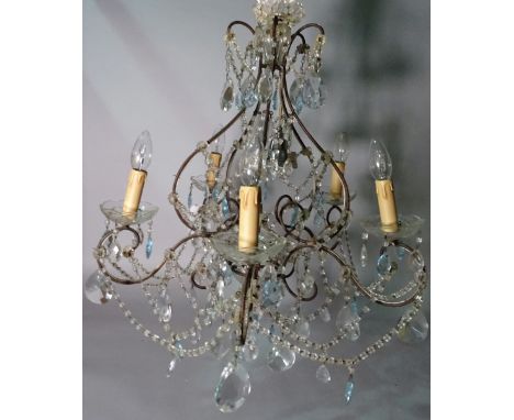 A Victorian style glass and metal five branch chandelier, 56cm wide x 55cm high. 