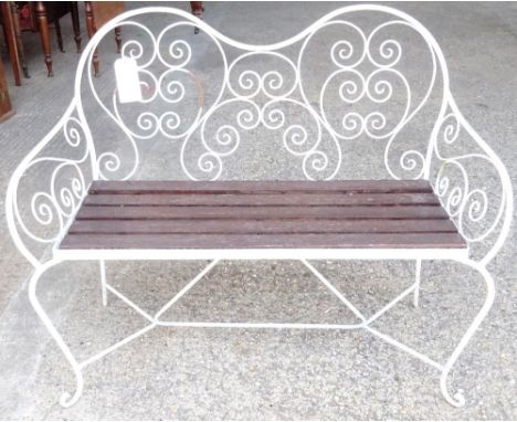 A modern white painted metal wirework garden bench, 110cm wide x 95cm high. 