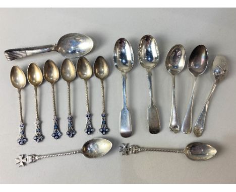 A set of six Continental silver gilt and enamel coffee spoons, stamped 925, a pair of German 800 silver coffee spoons, with c
