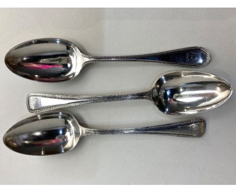 A pair of Victorian silver Old English bead pattern dessert spoons, maker Chawner &amp; Co, London (date mark worn), together