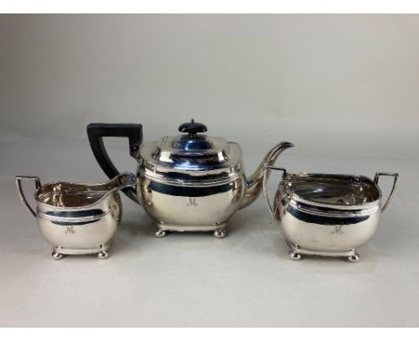 A George V silver three piece tea set, maker Harrison Brothers &amp; Howson, Sheffield 1929, stamped John Morton Ltd, Dublin,