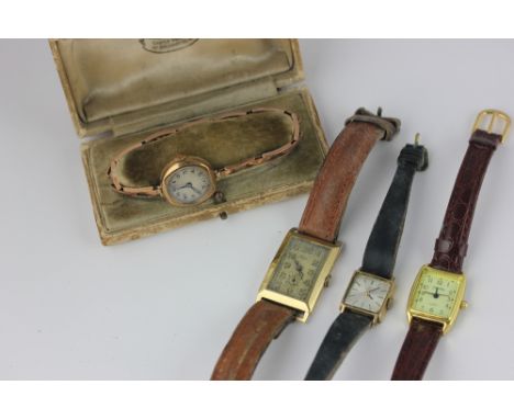 Bucherer. A 14ct gold wrist watch dial and movement signed circa 1935; a lady's 9ct gold watch on expanding bracelet; a Tisso