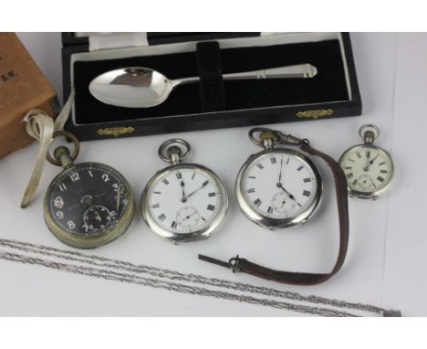 Two silver cased open faced watches; a lady's silver open face pocket watch; a metal cased military issue open face watch and