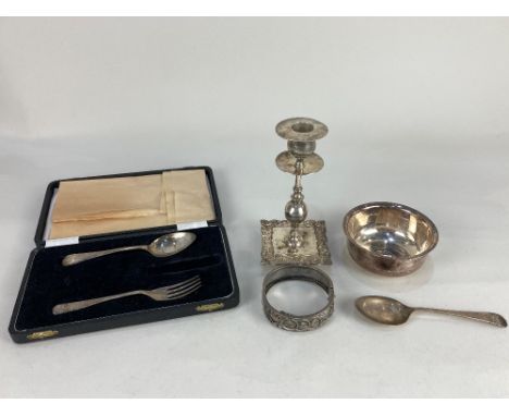 A cased George VI silver christening spoon and fork, (missing knife) maker Viners Ltd, Sheffield 1949, a similar silver spoon