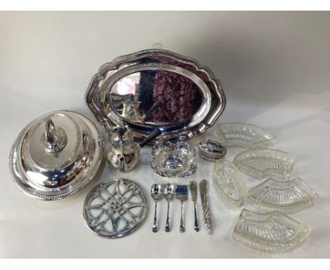 A George V silver and glass trivet, maker Docker &amp; Burn Ltd, Birmingham 1924, together with a collection of silver plated