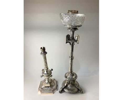 A 19th century Elkington &amp; Co silver plated oil lamp or centrepiece base, 57cm high, (a/f - not complete) together with a