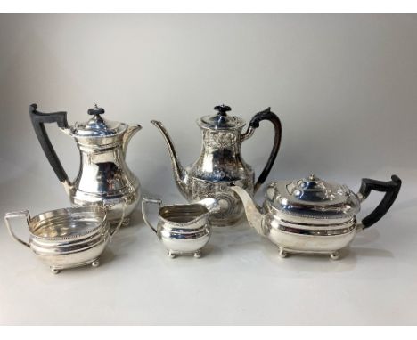 A Harrods silver plated four piece tea set, (a/f - missing finial) together with a silver plated coffee pot with engraved des