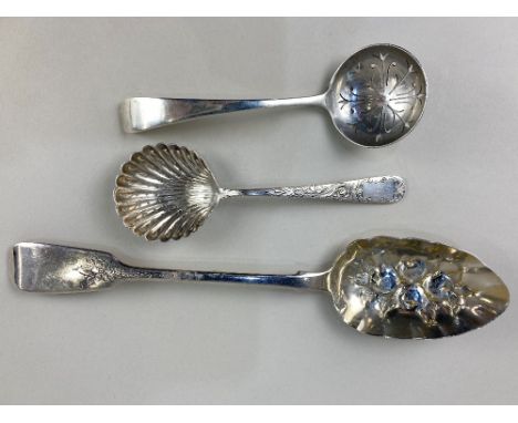 A Victorian silver fiddle pattern berry spoon, maker Charles Boyton, London 1850, with gilt bowl, a silver sifter spoon with 