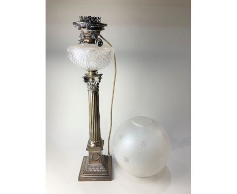 A Victorian silver Corinthian column oil lamp (converted), maker William Gibson &amp; John Lawrence Langman of Goldsmiths &am