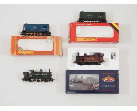 A group of four OO gauge locomotives comprising BACHMANN 32-225w Class 3F Jinty in LMS crimson, HORNBY CLASS 08 diesel shunte