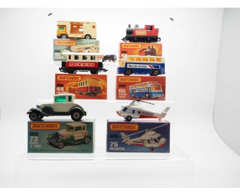 A group of MATCHBOX Superfast series vehicles comprising: 40 Horsebox, 43 Steam Locomotive, 44 Passenger Coach, 65 Airport Co