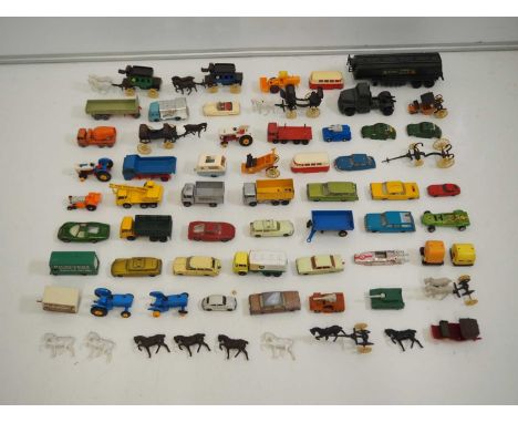 A large quantity of unboxed playworn model cars, lorries, tractors etc by MATCHBOX and others together with some horses and h