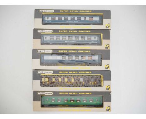 A group of five WRENN OO gauge Pullman passenger coaches including Brighton Belle and Golden Arrow variants in various liveri