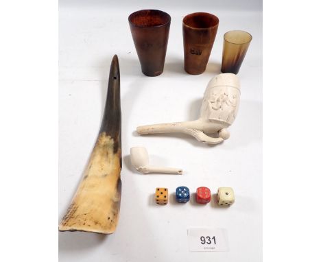 A Victorian clay pipe decorated football and rugby scenes and two horn beakers etc. 