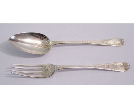 A silver christening spoon and fork with chased and engraved decoration, London 1812 by Robert Turner, 68g
